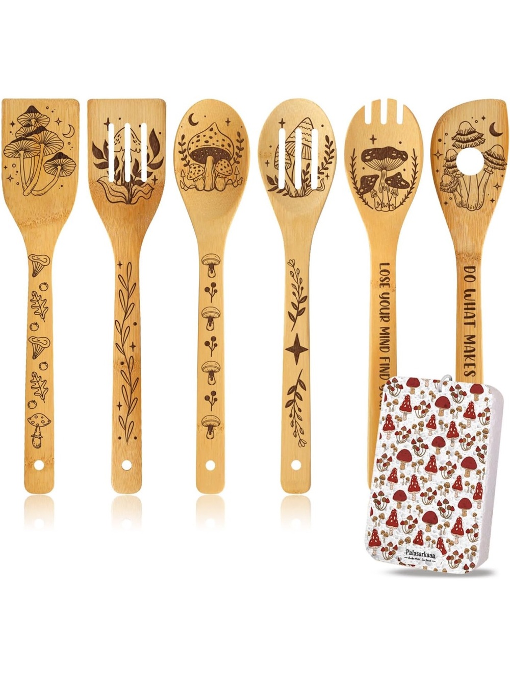 Bamboo Mushroom-Engraved Kitchen Utensil Set - 6-Piece + Bonus Mushroom Sponge